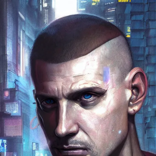 Image similar to cyberpunk, armitage, closeup portrait of an ex soldier, battlescar, artificial eye, brown buzzcut, wired head, dramatic light, city background, sunset, dystopian setting, high contrast, sharp, neuromancer, painted by stanley lau, painted by greg rutkowski, painted by stanley artgerm, digital art, trending on artstation