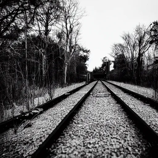 Image similar to fine art photography of a abandoned old train station in the middle of nowhere, overgrown, it train tracks curve up toward the sky, black and white photography 3 5 mm