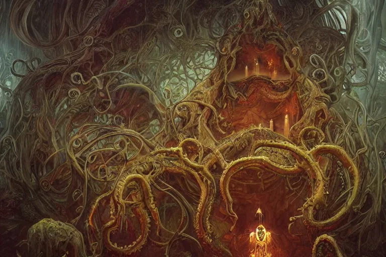 Image similar to a lovecraftian painting of a demonic shrine, occult, cult members evil ritual, cosmic horror elements, ultra realistic, concept art, intricate details, eerie, highly detailed, photorealistic, octane render, 8 k, unreal engine. art by artgerm and greg rutkowski and alphonse mucha