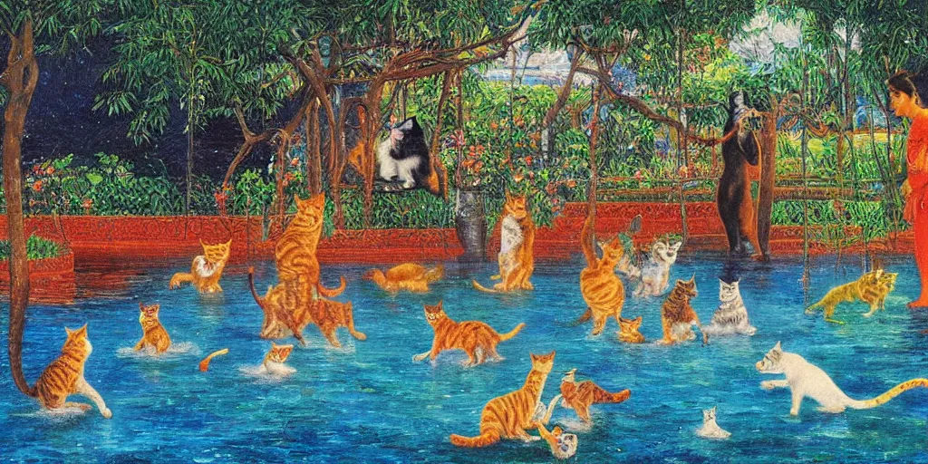 Image similar to cats swimming in a lake in colombo sri lanka city, by Nizovtsev, Victor