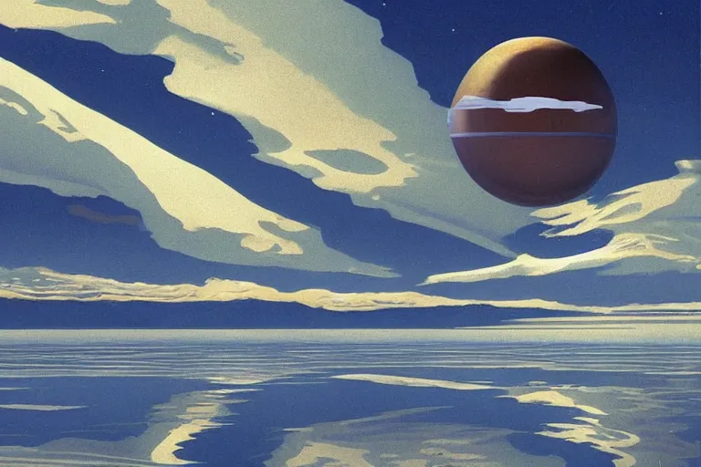 Prompt: a giant metallic floating sphere covered in canadian aboriginal!!! patterns!! hovering above a Yukon lake, (painted by Ralph McQuarrie), matte painting, concept art