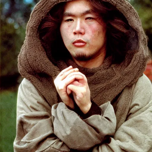 Prompt: a wide full shot, russian and japanese mix 1 9 8 0 s historical fantasy of a photograph taken of the guardian priest has wavy brown hair, medium light brown skin, and coffee - colored eyes, photographic portrait, high - key lighting, warm lighting, overcast flat midday sunlight, 1 9 8 2 life magazine photograph.