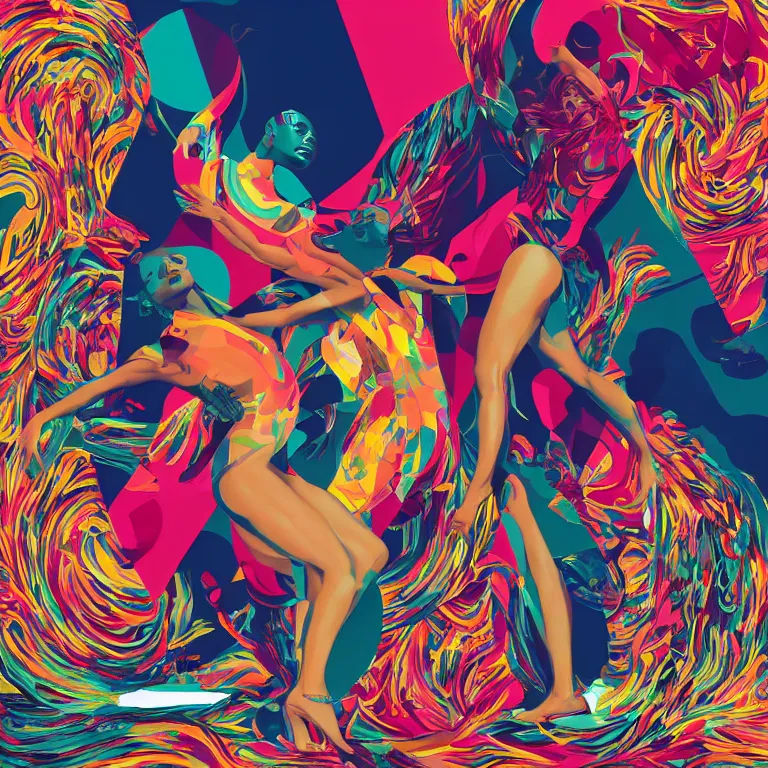 Image similar to album cover design depicting beautiful dancing women, by Jonathan Zawada, and tristan eaton, digital art