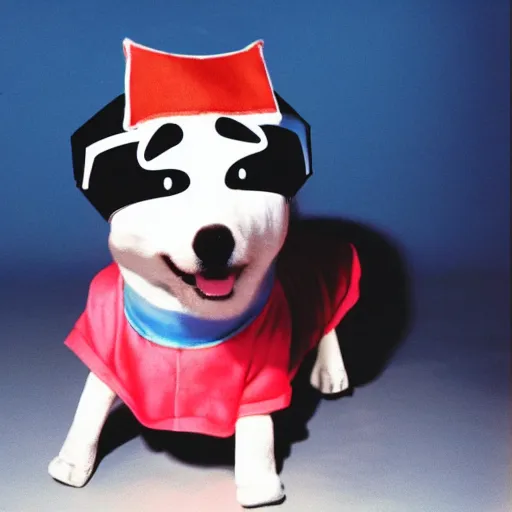 Prompt: Macintosh plus computer wearing a dog costume, disposable camera flash