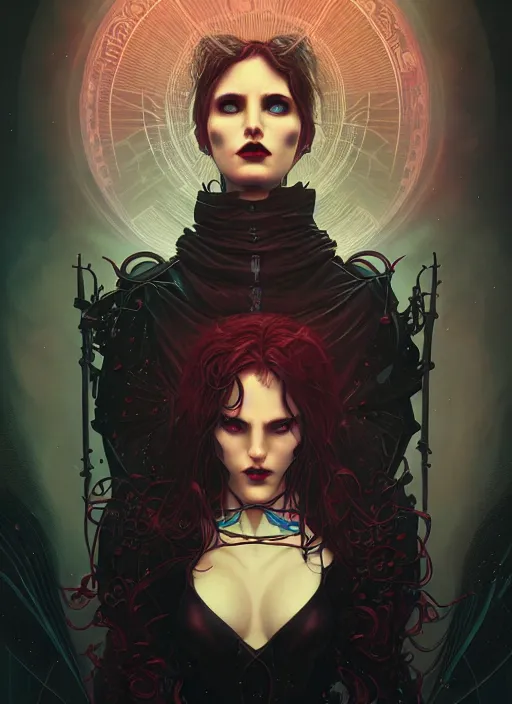 Image similar to satanist perfect girl portrait, intricate artwork by josan gonzalez, artgerm, tom bagshaw, kilian eng, alphonse mucha, zdizslaw beksinski, very coherent artwork, cinematic, syntwave, noir gothic cyberpunk, octane render, unreal engine, 8 k, high contrast