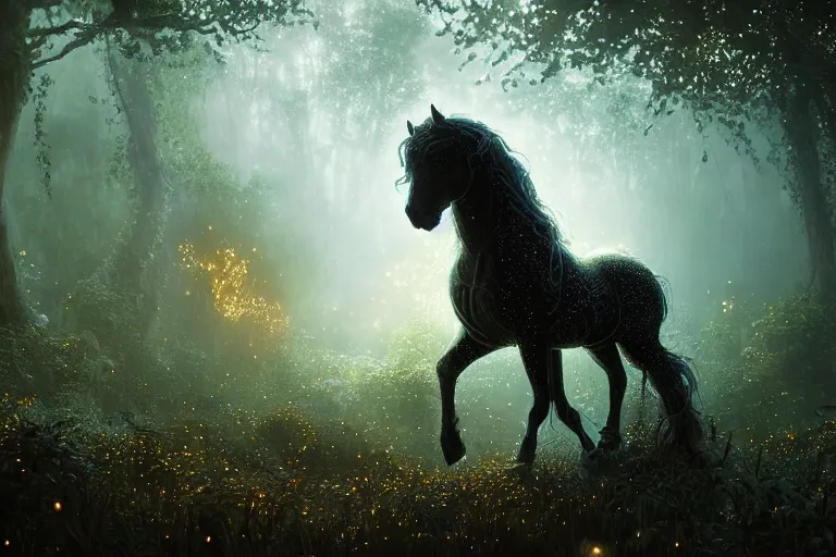 Image similar to a stunning horse made of fireflies with a thick mane of bioluminescent vines and flowers running through the woods by greg rutkowski, high key lighting, volumetric light, digital art, highly detailed, fine detail, intricate, ornate, complex, octane render, unreal engine, photorealistic