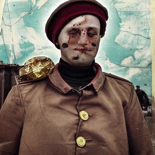 Image similar to Portrait of a Soviet sailor wearing Venetian doge clothes made out of garbage, postapocalyptic, modern photo