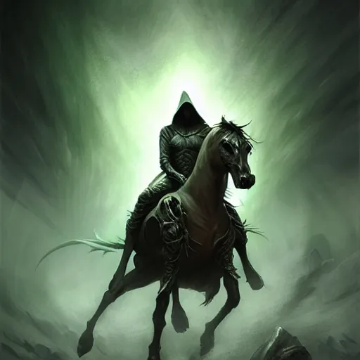 Image similar to concept art by artgerm, pestilence of the four horsemen of the apocalypse, soft green natural light, intricate, hooded death riding a horse, highly detailed dark art, digital painting, artstation, concept art, smooth, sharp focus, illustration, art by greg rutkowski and luis rollo and uang guangjian and gil elvgren, symmetry!