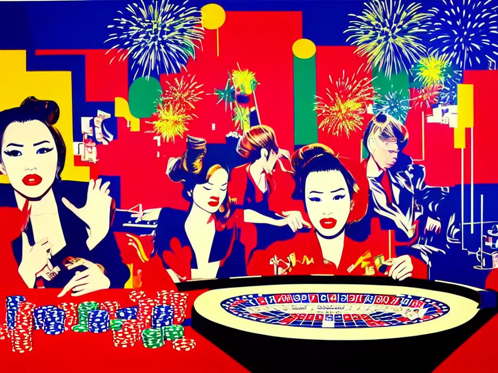 Image similar to hyper - realistic composition of a room in a casino with an extremely detailed poker table, croupier in kimono standing nearby fireworks in the background, pop art style, jackie tsai style, andy warhol style, acrylic on canvas