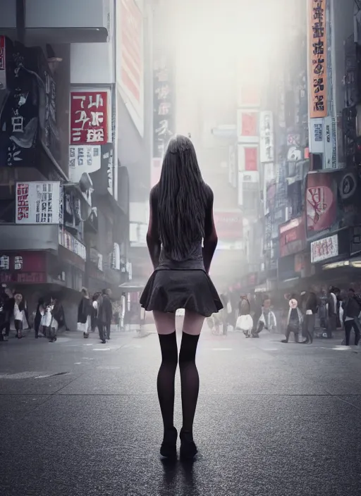 Prompt: demonic girl without head standing in the middle of the crowded tokyo street, photorealistic, canon r 3, symmetry, octane render, unreal engine, dramatic lights