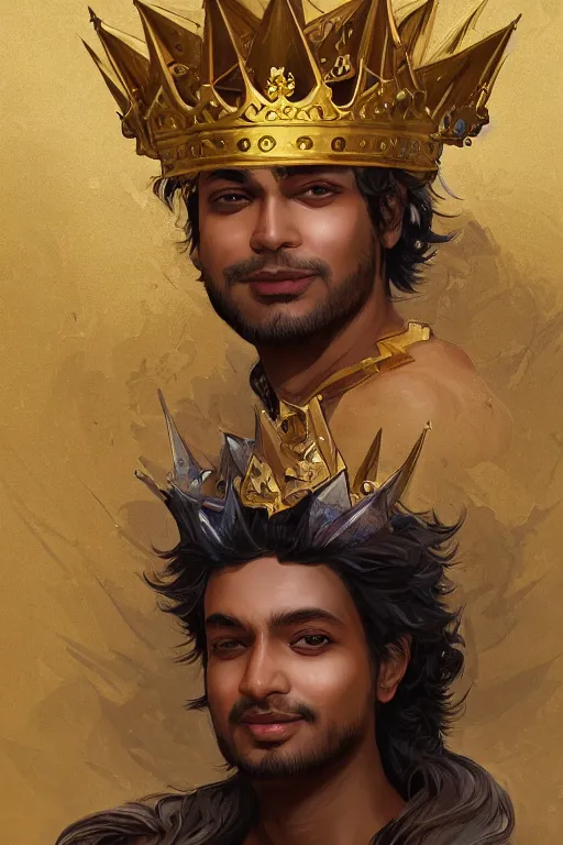 Prompt: Sanjiv Das wearing a golden crown, dungeons and dragons portrait, highly detailed, digital painting, artstation, concept art, sharp focus, illustration, art by artgerm and greg rutkowski and alphonse mucha