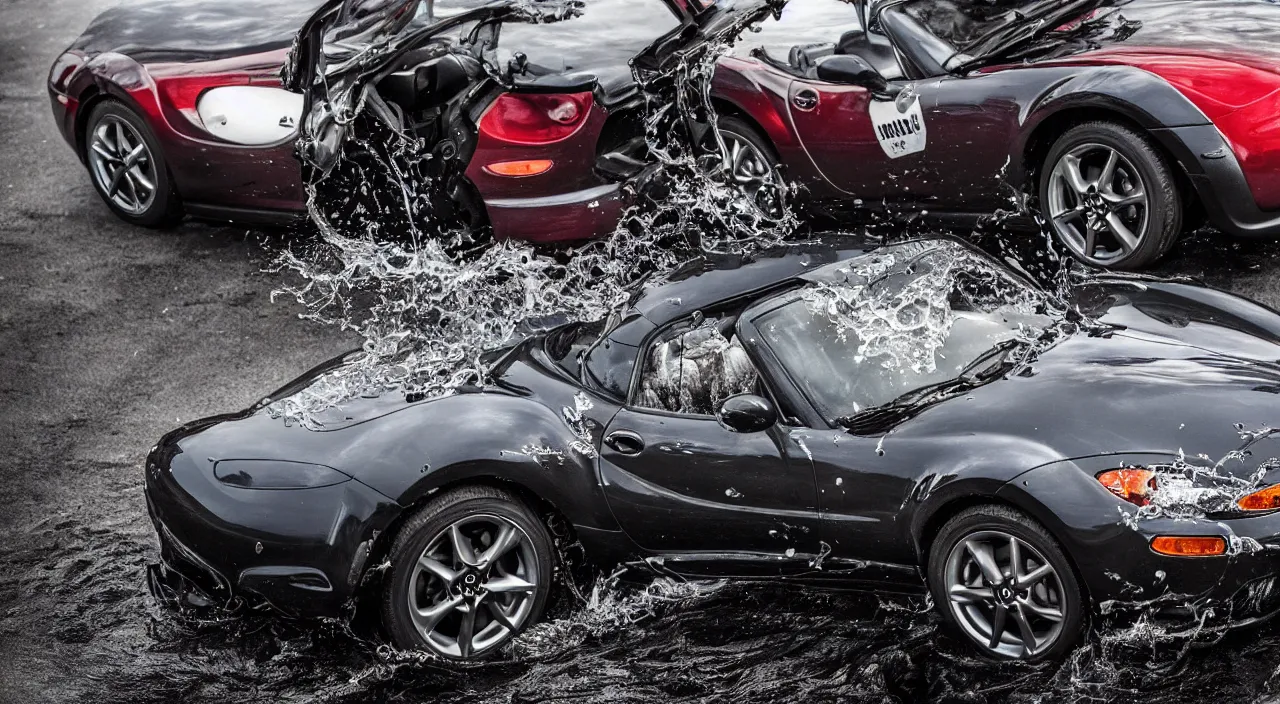 Prompt: mazda miata drowning in motor oil, realistic, detailed, contrast, 4 k