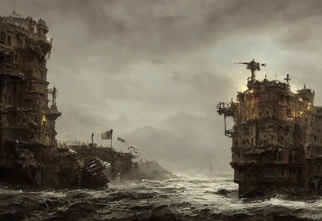 Prompt: a large stronghold plunging into the sea, artstation, jakub rozalski, high detail, dramatic lighting, night, rain