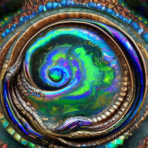Prompt: Art Nouveau cresting oil slick waves, hyperdetailed bubbles in a shiny iridescent oil slick wave, ammolite, detailed giant opalized ammonite shell, black opal, abalone, paua shell, ornate copper patina medieval ornament, rococo, oganic rippling spirals, octane render, 8k 3D, cresting waves and seafoam