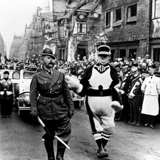 Image similar to historic black and white photograph of adolf hitler and colorful donald duck at a nazi parade in 1 9 3 6