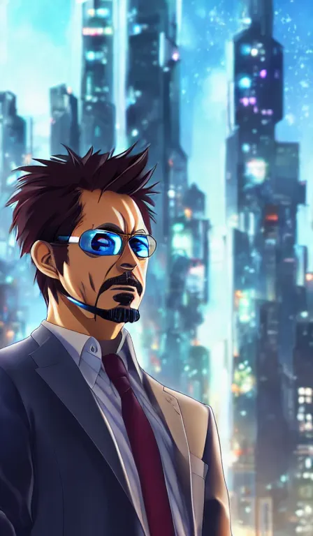 Image similar to anime fine details portrait of Tony Stark in front of cyberpunk moder city landscape on the background deep bokeh, close-up view, anime masterpiece by Studio Ghibli. 8k, sharp high quality anime, artstation