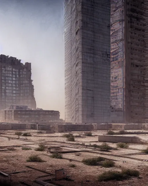 Image similar to a beautiful photorealistic illustration of city architecture unfinished building building abandoned urbex sanctuary by i. m. pei, cyberpunk desert, archdaily, wallpaper, highly detailed, trending on artstation.