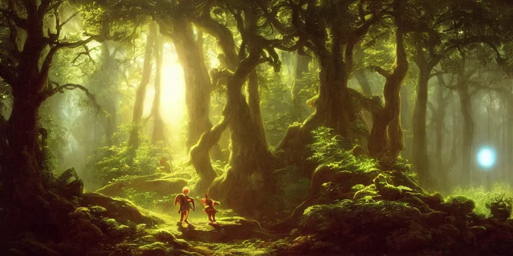 Image similar to close up of young link with orb of light entering an old!!! forest temple!!! full of green trees and plants, under a gray foggy sky, oil painting by albert bierstadt, legend of zelda