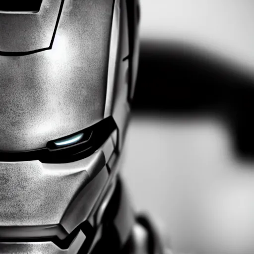 Image similar to close - up ironman in a white and black armor, battle damage, shallow depth of field, moody lighting, 8 k,