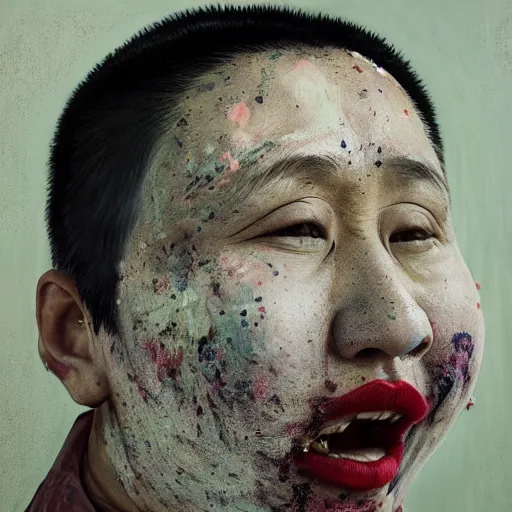 Image similar to photorealistic face portrait of chinese uyghur muslim prisoner, spilled paint, wearing victorian rags, elite, disfigured, drooling, moist, unnatural movement, they are unhappy, bizzaro, baroque, renaissance, by emedios varo and anato finnstark and fenghua zhong, hyperrealism, 8 k, 3 d, masterpiece, texture