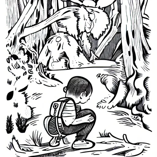 Image similar to mcbess illustration of a little boy with a backpack in a forest