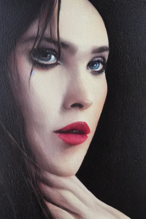 Image similar to hyperrealism oil painting, close - up portrait of isabelle adjani medieval brunette vampire fashion model, knight, steel gradient mixed with nebula sky, in style of baroque