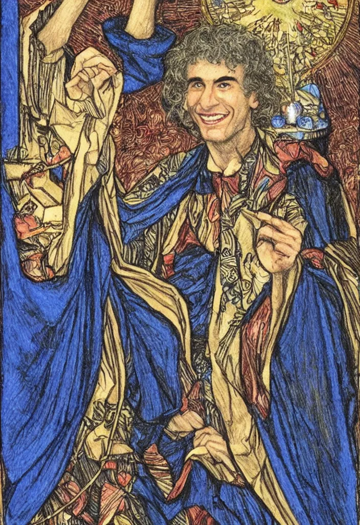 Image similar to Yoshua Bengio smiling drawn on the Tarot card. Illustration by preraphaelists.