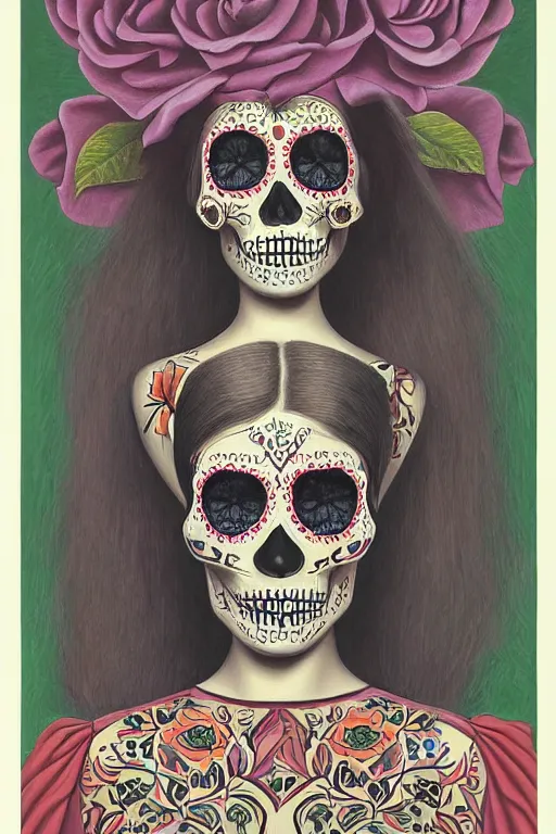 Image similar to illustration of a sugar skull day of the dead girl, art by george tooker