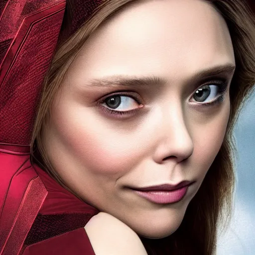 Prompt: Elizabeth Olsen as Scarlet Witch, head and shoulders portrait, extremely detailed masterpiece, one single continues line.