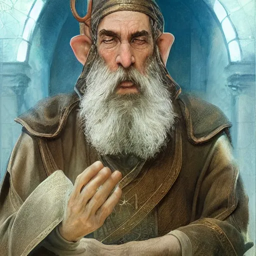 Prompt: A middle aged elf, wrinkled olive skin and a raised hand, long beard, blue robes with clocks on, detailed face, highly detailed, cinematic lighting, digital art painting by greg rutkowski.