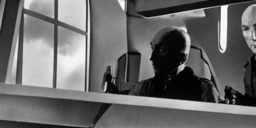 Image similar to young Jean-Luc Picard as a spaceship captain in stars without number sitting in the bridge of his spaceship, outside the front window is an enemy star fighter