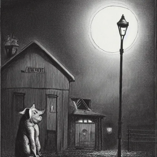 Image similar to pig in a tuxedo, illustration by Gustave Doré, moon, clouds, street lamp, high detail, eerie, street lamp, barn, creepy, dark, night, misty, moon, chiaroscuro, film noir