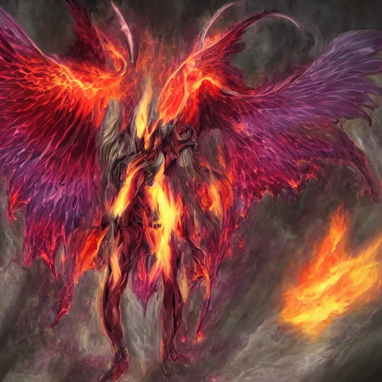 Prompt: a demon with huge nacreous fire wings