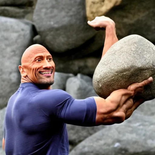 Prompt: dwayne johnson holding a giant rock above his head