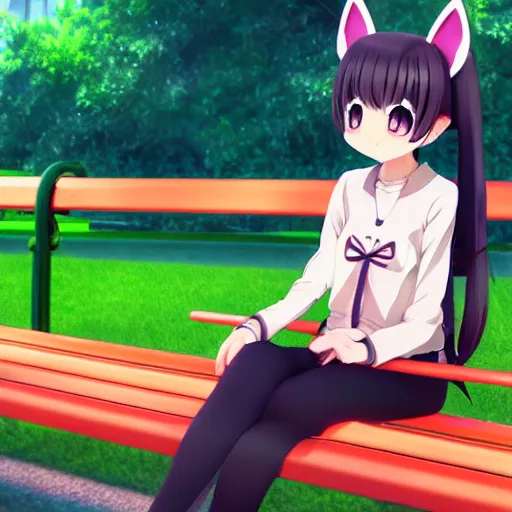 Image similar to 3 d photo of an anime girl with cat ears and long hair looking to her side, sitting on a bench with a park behind her, bokeh, shader, anime art style, highly detailed, cel - shaded, colorful, animated, trending