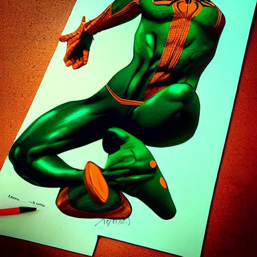 Image similar to an orange and green spiderman by artgerm