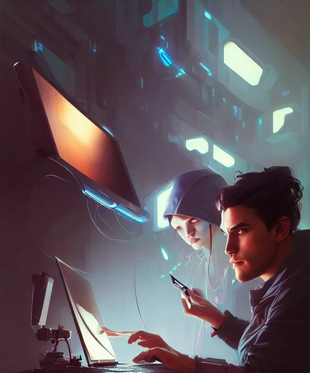 Image similar to Hacker man hacks computer, highly detailed, digital painting, artstation, concept art, smooth, sharp focus, illustration, art by artgerm and greg rutkowski and alphonse mucha