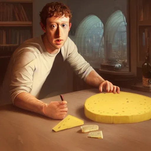 Image similar to mark zuckerberg eating an entire wheel of cheese, highly detailed vfx portrait, unreal engine, greg rutkowski, loish, rhads, caspar david friedrich, makoto shinkai and lois van baarle, ilya kuvshinov, rossdraws, elegent, tom bagshaw, alphonse mucha, global illumination, detailed and intricate environment.