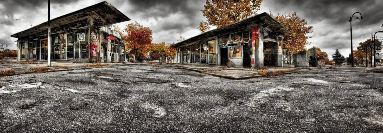 Prompt: Abandoned cafe on parking lot HDR cinematic noon detailed sunny cracked pavement autumn