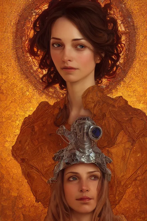 Image similar to portrait of tinfoil hat man in orange t - shirt behind his wife, feelings, romantic, fantasy, intricate, elegant, highly detailed, digital painting, artstation, concept art, smooth, sharp focus, illustration, art by artgerm and greg rutkowski and alphonse mucha