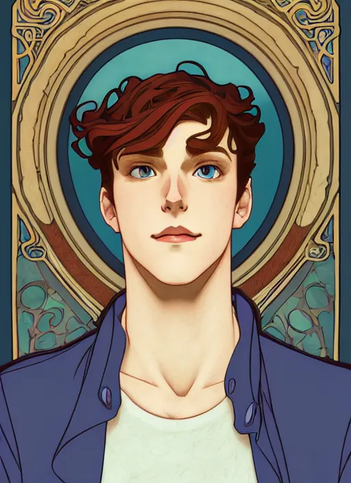 Image similar to well - lit art nouveau portrait of a young man with auburn hair, pale skin, freckles, light blue eyes, casual clothes, natural lighting, path traced, highly detailed, high quality, cartoon, digital painting, by don bluth and ross tran and studio ghibli and alphonse mucha