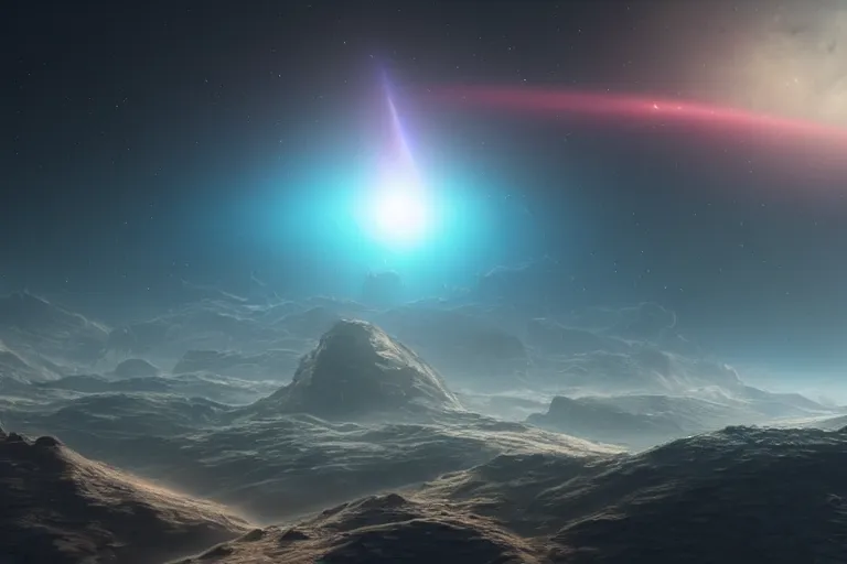 Image similar to beautiful sci fi planet from the horizon, nebula in the background, concept art trending on artstation, volumetric lighting, 8k