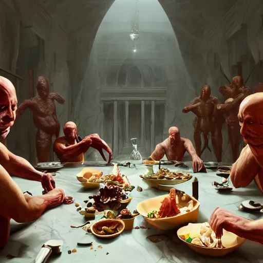 Image similar to hungry cannibals making a rich salad around a marble table, cinematic lighting, dramatic framing, highly detalied, 4k, artstation, by Wayne Barlowe and Rene Lalique