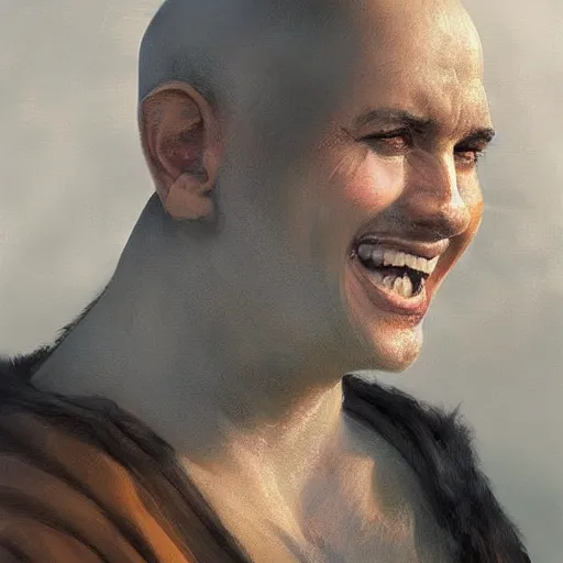 Image similar to a head - on detailed oil portrait of a friendly round - faced bald male monk with a friendly smile, by charlie bowater, lise deharme, wlop, trending on artstation, dungeon and dragons art, critical role