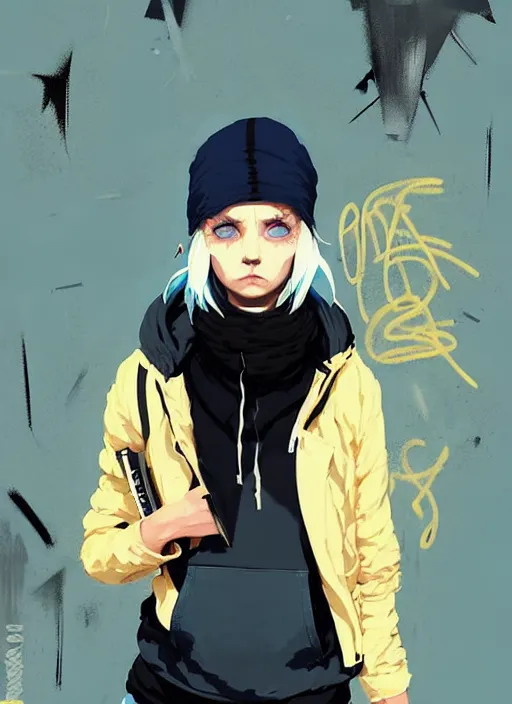 Image similar to highly detailed portrait of a city punk lady student, blue eyes, hoodie, white hair by atey ghailan, by greg rutkowski, by greg tocchini, by james gilleard, by joe fenton, by kaethe butcher, gradient yellow, black, brown and cyan blue color scheme, grunge aesthetic!!! ( ( graffiti tag wall background ) )