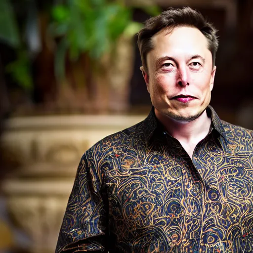 Image similar to A Photo Portrait of elon musk Wearing Indonesian Batik at a fancy Balinese temple, award winning photography, sigma 85mm Lens F/1.4, blurred background, perfect faces