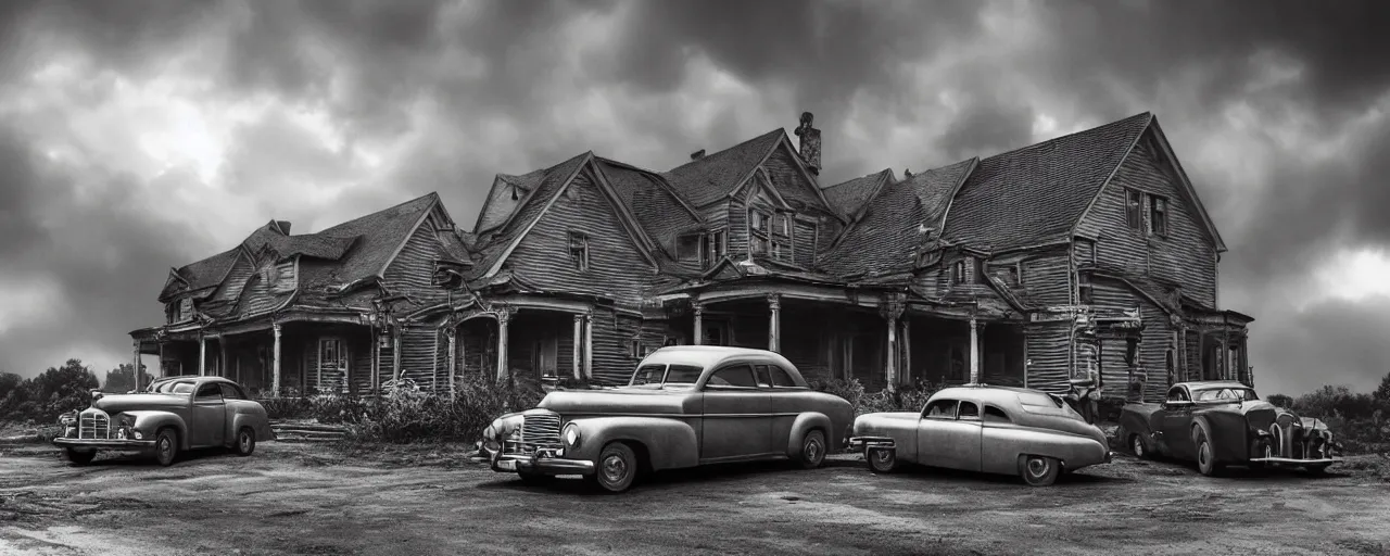 Image similar to Lovecraft Country, ultra detailed haunted house, ultra detailed storm clouds, establishing atmospheric shot, octane renderer, F11 aperture, night, volumetric fog, lighting and thunder, stormy weather, ultra detailed rain drops, reflections, film grain, single ultra detailed grey 1948 Packard Station Sedan parked in the street,