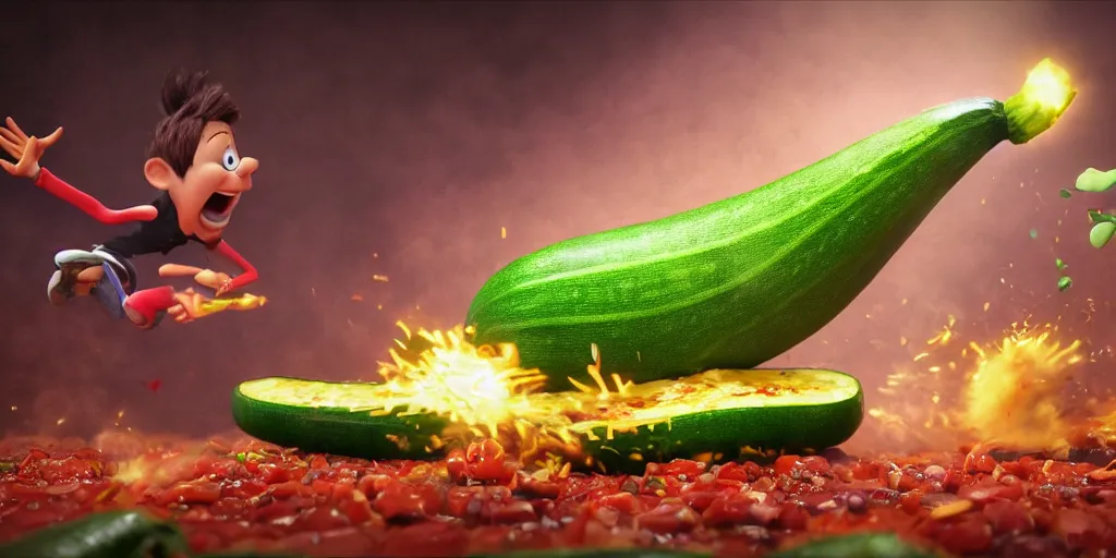 Prompt: detailed 3 d render of a raging zucchini!! character chasing!! down a desperate tomato!, high speed action, explosions, dramatic scene, hyper realistic octane render, cinematic lighting, deviantart, pop - surrealism, lowbrow, frame from disney pixar movie