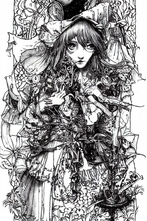 Image similar to Stoner Alice in wonderland tarot card , pen and ink, intricate line drawings, by Yoshitaka Amano, Ruan Jia, Kentaro Miura, Artgerm, watercolor