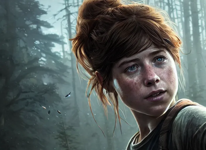 Image similar to highly detailed portrait of jessie buckley, in the last of us, stephen bliss, 8 k, unreal engine, fantasy art by greg rutkowski, loish, rhads, ferdinand knab, makoto shinkai and lois van baarle, ilya kuvshinov, rossdraws, tom bagshaw, global illumination, radiant light, detailed and intricate environment